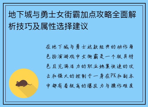 地下城与勇士女街霸加点攻略全面解析技巧及属性选择建议 地下城与勇士女街霸加点攻略全面解析技巧及属性选择建议